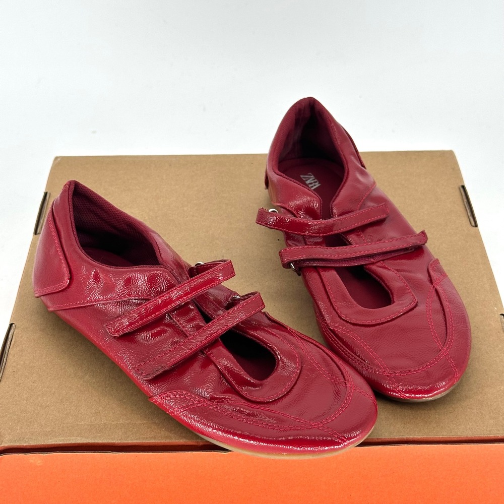 Zara Cherry Red Gloss Vegan Patent Leather Double Strap Mary Jane Ballet Flat 39